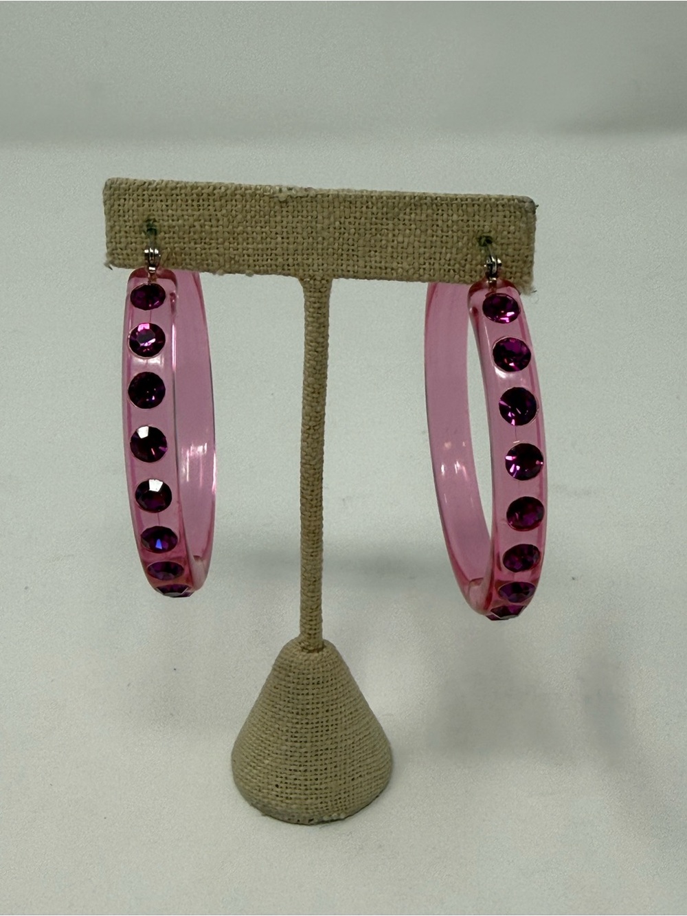 Pink translucent acrylic Hoop Earrings with Pink Crystal Accents